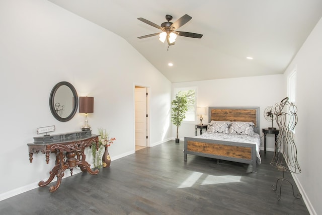 bedroom with lofted ceiling, dark wood-type flooring, and ceiling fan