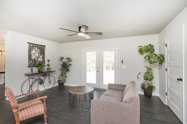 living room featuring french doors, ceiling fan, and dark wood-type flooring