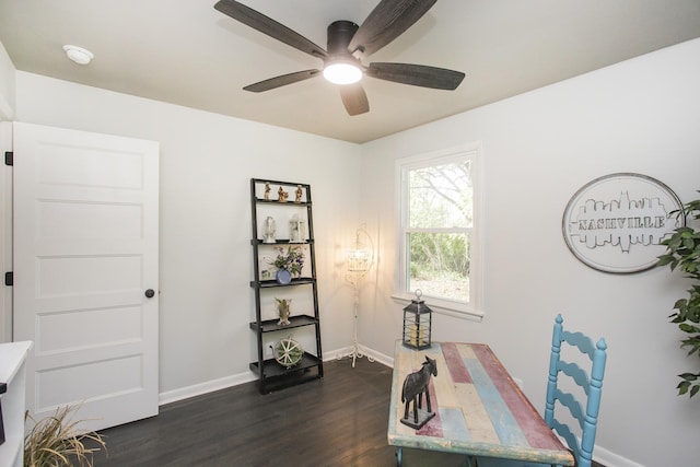 office featuring dark hardwood / wood-style floors and ceiling fan