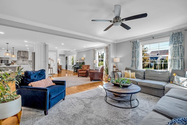 living room featuring ceiling fan, light hardwood / wood-style floors, and crown molding