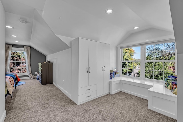 interior space with light carpet and lofted ceiling