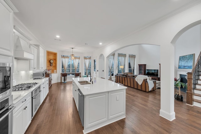 kitchen featuring white cabinetry, custom exhaust hood, stainless steel appliances, a kitchen island with sink, and sink