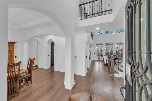 foyer featuring a high ceiling, ornamental molding, and wood-type flooring