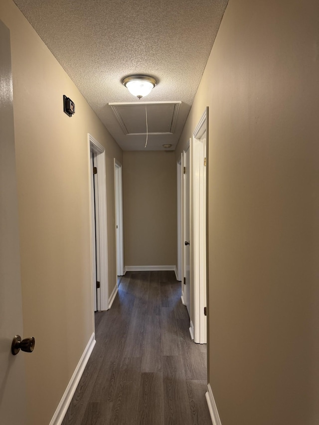 hallway with dark hardwood / wood-style floors and a textured ceiling