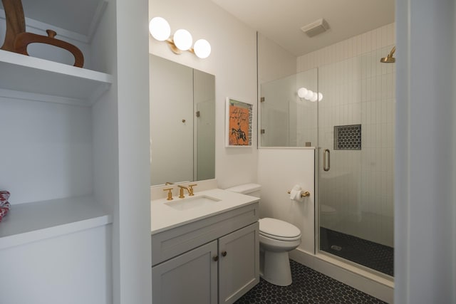 bathroom featuring toilet, walk in shower, and vanity