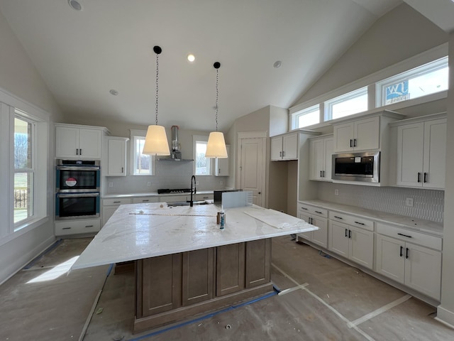 kitchen with a large island with sink, stainless steel appliances, a wealth of natural light, and exhaust hood