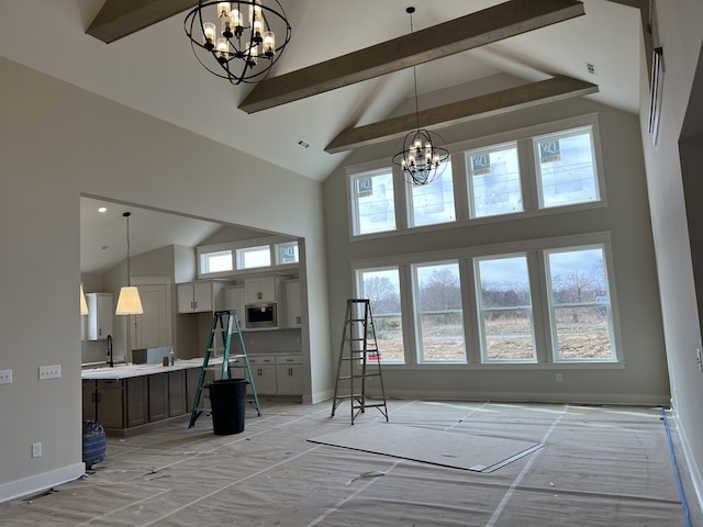 bedroom featuring an inviting chandelier, baseboards, high vaulted ceiling, and beamed ceiling