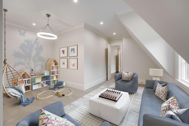 carpeted living room featuring ornamental molding