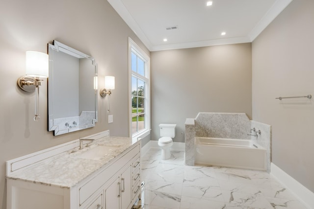 bathroom featuring a bathtub, toilet, vanity, and ornamental molding