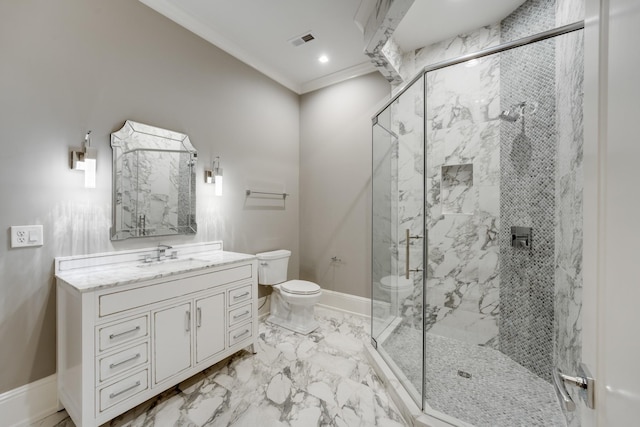 bathroom with toilet, a shower with door, ornamental molding, and vanity