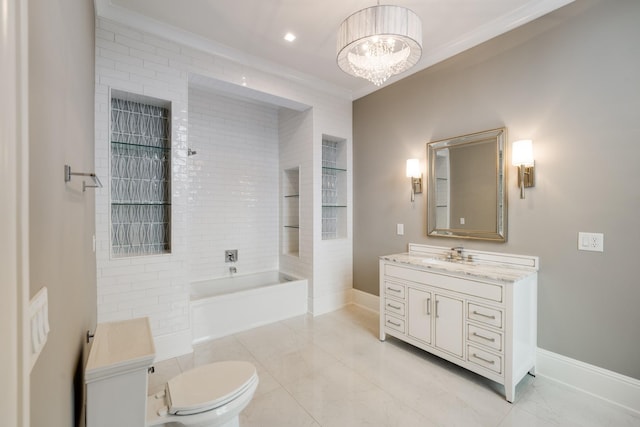 bathroom with toilet, vanity, crown molding, and a notable chandelier