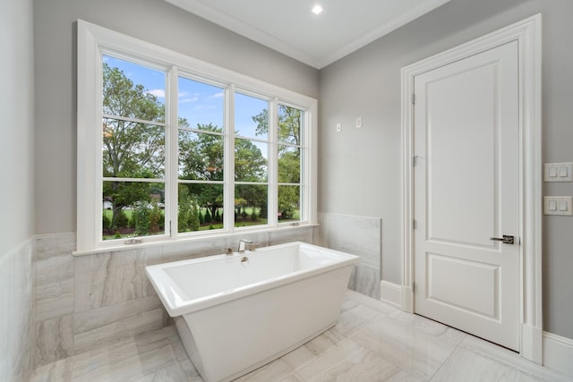 bathroom with crown molding and a washtub