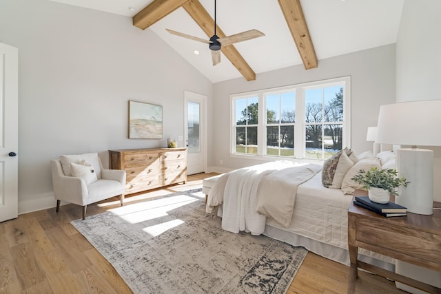 bedroom with high vaulted ceiling, ceiling fan, light hardwood / wood-style flooring, and beamed ceiling