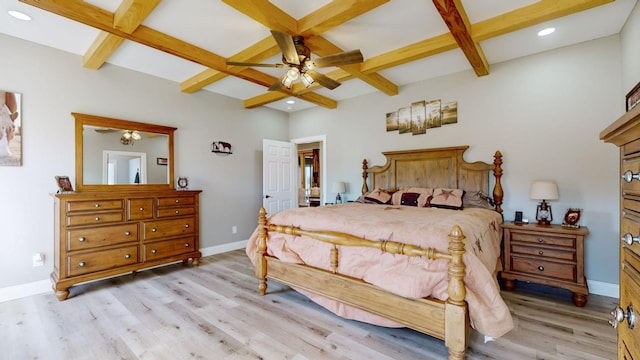 bedroom with beam ceiling, ceiling fan, light wood-type flooring, and coffered ceiling