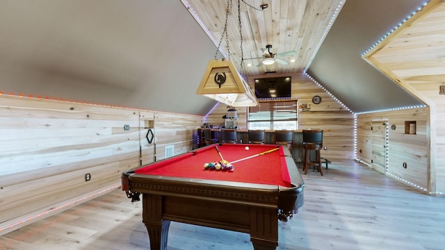 playroom with hardwood / wood-style floors, wood ceiling, pool table, vaulted ceiling, and ceiling fan