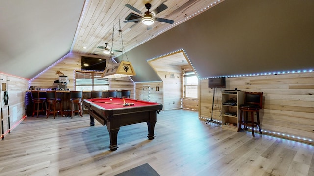 rec room with hardwood / wood-style floors, ceiling fan, wooden ceiling, pool table, and vaulted ceiling