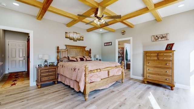 bedroom featuring ceiling fan, beam ceiling, and coffered ceiling