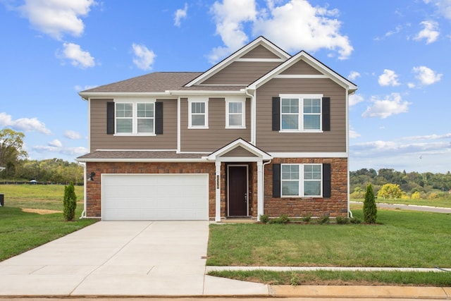 craftsman inspired home with a garage and a front lawn