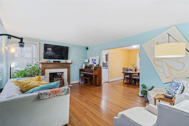 living room featuring a tile fireplace and light hardwood / wood-style flooring