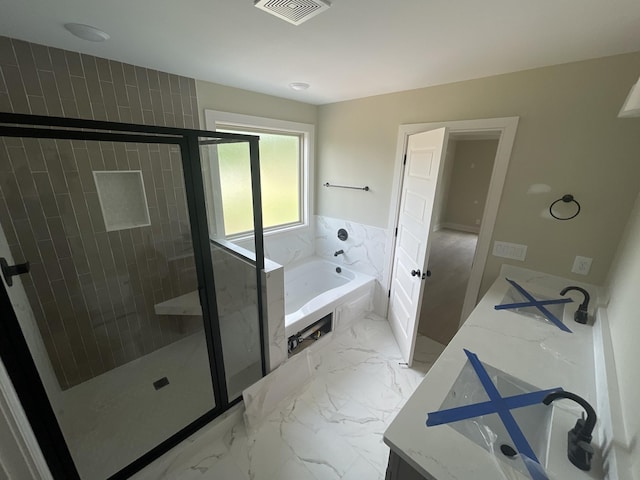 975 Palmyra Rd, Clarksville, TN 37040 - full bath with a stall shower, a bath, vanity, and marble finish flooring