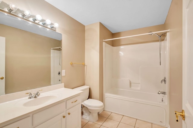 full bathroom featuring shower / bathtub combination, toilet, vanity, and tile patterned flooring