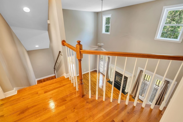 stairs featuring ceiling fan and wood-type flooring