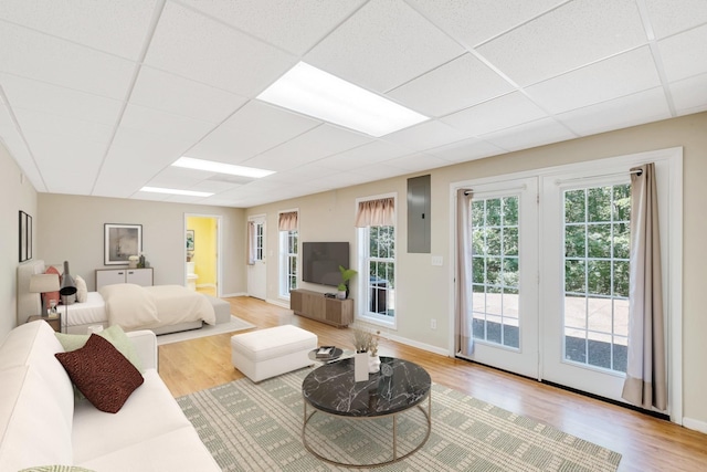 bedroom featuring hardwood / wood-style floors, access to exterior, a drop ceiling, and electric panel