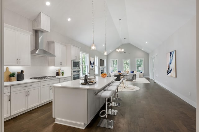 kitchen with white cabinets, appliances with stainless steel finishes, wall chimney exhaust hood, an island with sink, and dark hardwood / wood-style floors