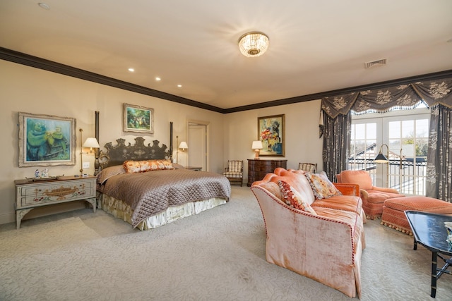 bedroom with light carpet, crown molding, and access to outside