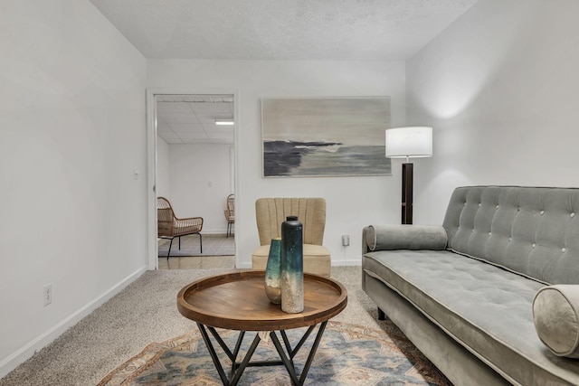 living area featuring a textured ceiling and carpet floors