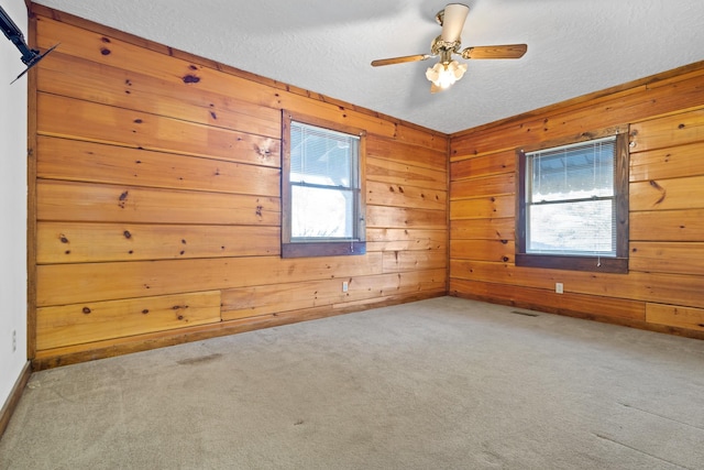 spare room featuring a healthy amount of sunlight, carpet flooring, a textured ceiling, and wood walls