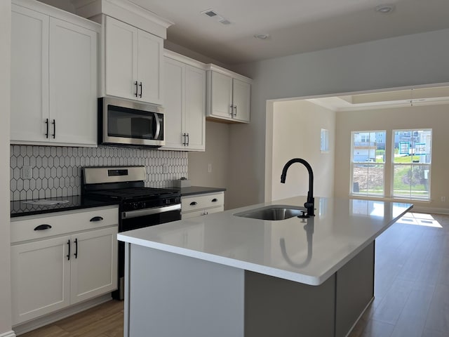 kitchen featuring sink, white cabinets, stainless steel appliances, and an island with sink