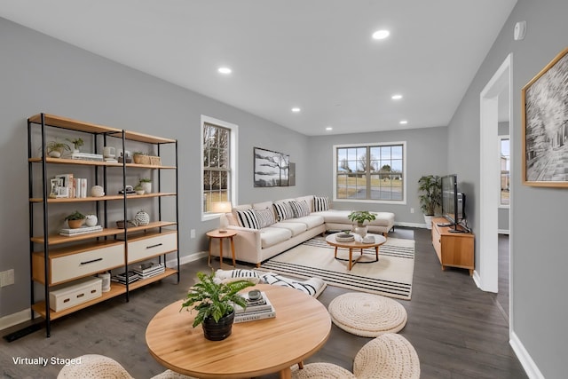 living room featuring dark wood-type flooring