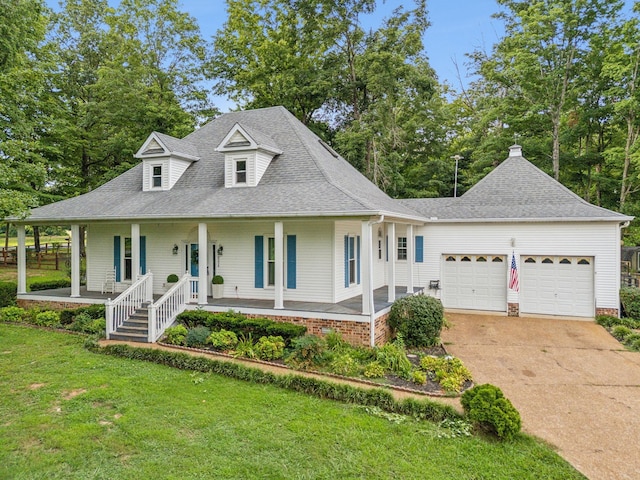 view of front facade with a front yard, a porch, and a garage