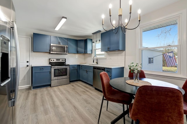 kitchen featuring light hardwood / wood-style floors, pendant lighting, an inviting chandelier, appliances with stainless steel finishes, and blue cabinets