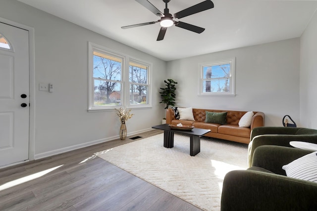 living room featuring ceiling fan and hardwood / wood-style floors