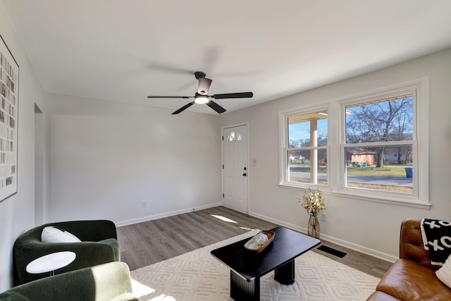 living room featuring ceiling fan, light wood-type flooring, and plenty of natural light