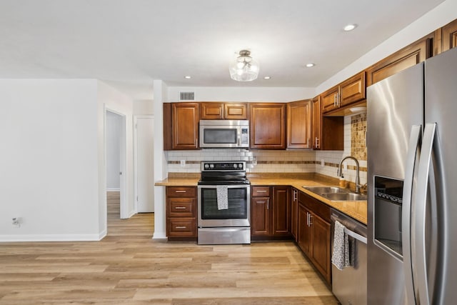 kitchen with sink, stainless steel appliances, light hardwood / wood-style floors, and backsplash