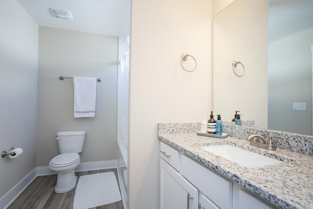 bathroom with wood-type flooring, toilet, and vanity