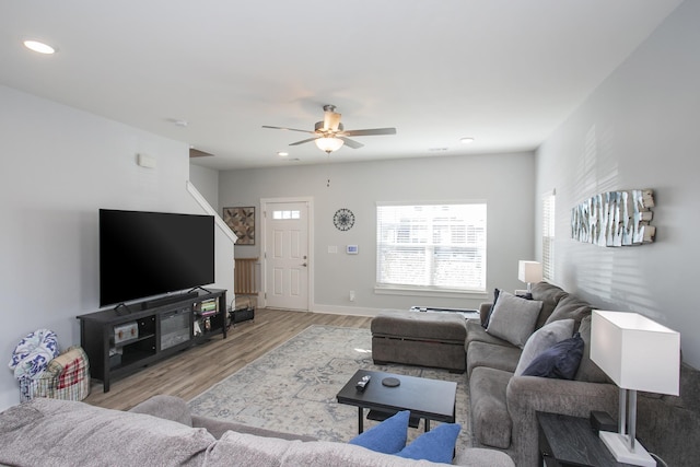 living room with ceiling fan and light wood-type flooring