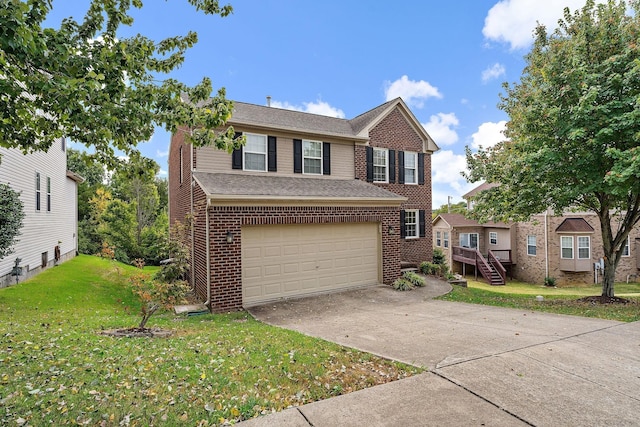 view of front of property featuring a front lawn and a garage