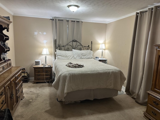 carpeted bedroom with a textured ceiling and ornamental molding