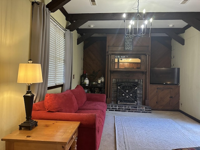 living room featuring carpet floors, a brick fireplace, a notable chandelier, wood walls, and beamed ceiling