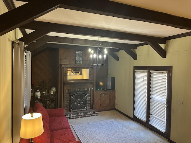 living room with an inviting chandelier, vaulted ceiling with beams, a brick fireplace, and wood walls