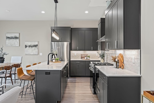 kitchen featuring pendant lighting, a kitchen bar, decorative backsplash, stainless steel appliances, and a center island with sink