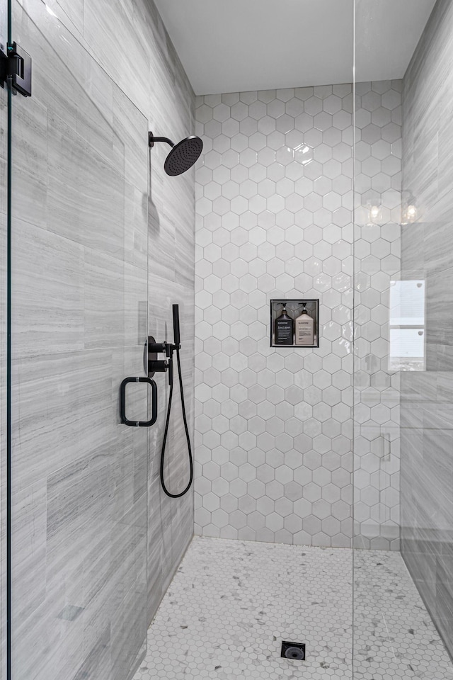 bathroom featuring a shower with shower door