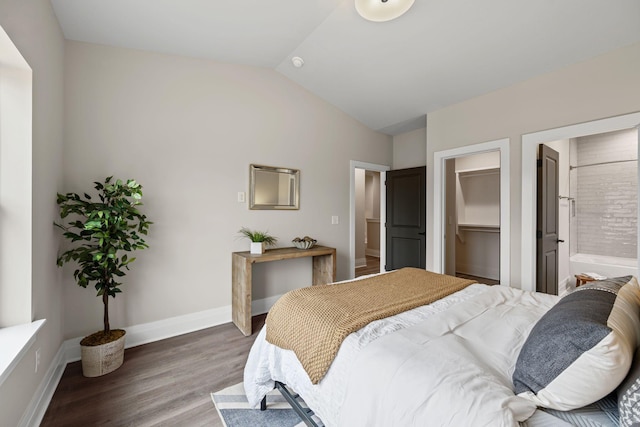 bedroom featuring dark wood-type flooring, a spacious closet, and vaulted ceiling