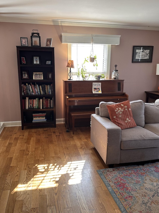 living room with crown molding and hardwood / wood-style floors