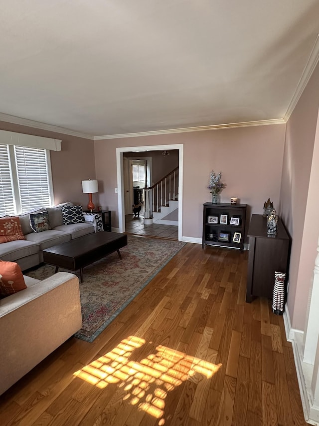 living room with ornamental molding and hardwood / wood-style floors