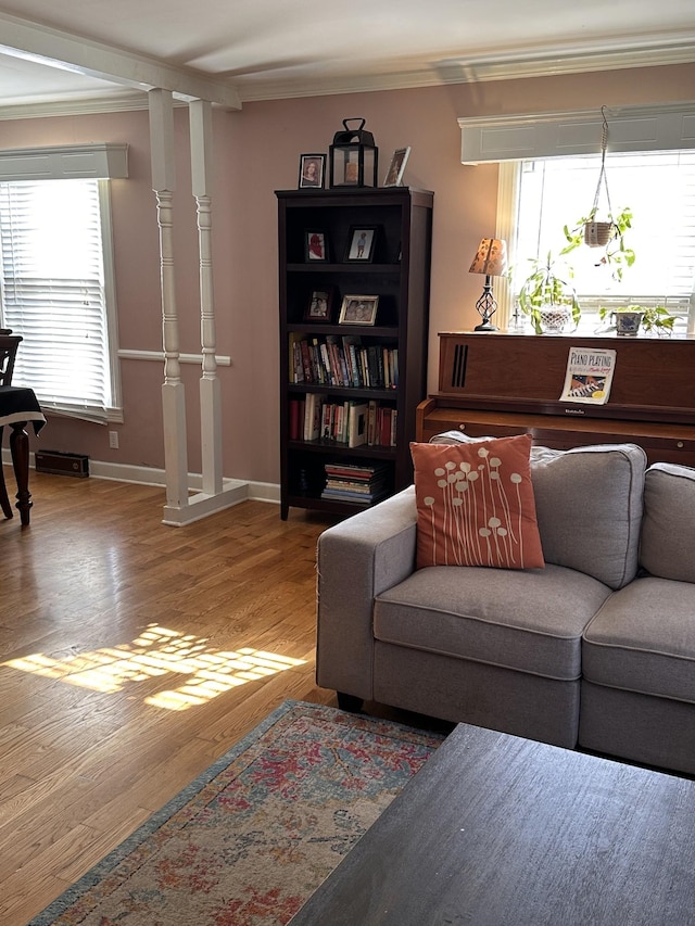 living room with ornamental molding and hardwood / wood-style floors